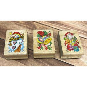 VINTAGE UNBRANDED WOOD MOUNTED RUBBER STAMP SET OF 3 SANTA SNOWMAN BELLS BOW